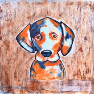 Expressive painting of a dog with floppy ears, rendered in bold orange, blue, and white brushstrokes against a textured tan background.