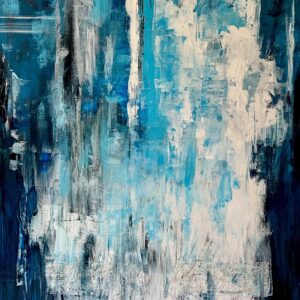 Contemporary abstract painting by Janice Savage featuring layered blue and neutral textures