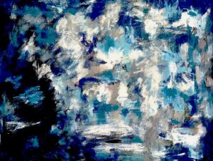“Abstract painting with layered blue, white, and charcoal tones, featuring expressive brushstrokes and a richly textured surface.”