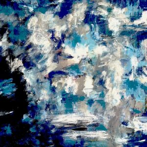 “Abstract painting with layered blue, white, and charcoal tones, featuring expressive brushstrokes and a richly textured surface.”