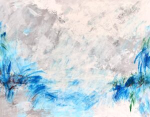 “Abstract painting with layered neutral tones and soft blue brushstrokes.”