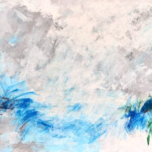 “Abstract painting with layered neutral tones and soft blue brushstrokes.”