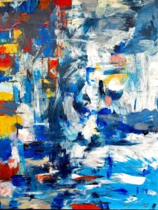 “Abstract painting with layered blue, white, yellow, and orange tones, featuring expressive brushstrokes and a textured surface.”
