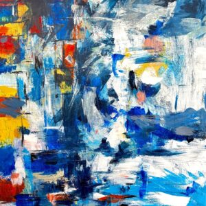 “Abstract painting with layered blue, white, yellow, and orange tones, featuring expressive brushstrokes and a textured surface.”