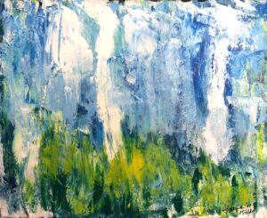 Abstract painting in blue, green, and white with layered textures and vertical brushstrokes suggesting fields, growth, and natural movement