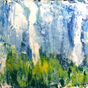 Abstract painting in blue, green, and white with layered textures and vertical brushstrokes suggesting fields, growth, and natural movement
