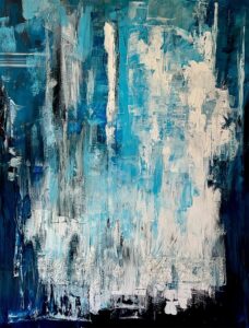Original contemporary abstract acrylic painting featuring layered blue, white, and charcoal textures inspired by resilience, water, light, and atmospheric landscapes.