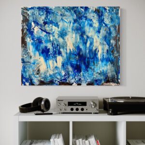 Abstract blue and white painting with layered textures and vertical brushstrokes evoking cascading water and natural movement.