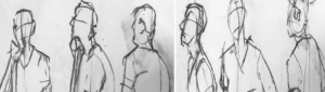 Abstract figure drawing sketches showing head structure, proportions, and gesture lines in charcoal