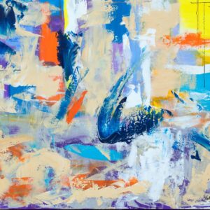 A layered abstract work exploring movement, color, and intuition through violet, blue, and warm neutral tones