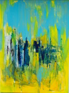 Abstract painting with a luminous yellow field, layered with turquoise, green, white, and deep blue vertical marks, drips, and textures suggesting a rain-soaked garden or shifting sky.