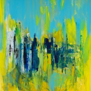 Abstract painting with a luminous yellow field, layered with turquoise, green, white, and deep blue vertical marks, drips, and textures suggesting a rain-soaked garden or shifting sky.