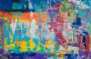 Colorful abstract painting with deep blue, turquoise, aqua, coral, yellow, magenta, violet, and white layered marks. Curved translucent shapes suggest sails or boats moving through water, with textured brushwork and a lively coastal atmosphere.