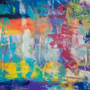 Colorful abstract painting with deep blue, turquoise, aqua, coral, yellow, magenta, violet, and white layered marks. Curved translucent shapes suggest sails or boats moving through water, with textured brushwork and a lively coastal atmosphere.