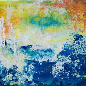 Abstract painting titled Fire in the Sea, 24 x 18 by Janice Savage, featuring deep ocean blues, turquoise, white, yellow, orange, rust, and soft green layered in textured, expressive marks suggesting fire, water, movement, and elemental transformation.