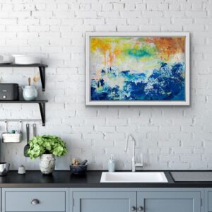 Abstract painting titled Fire in the Sea, 24 x 18 by Janice Savage, featuring deep ocean blues, turquoise, white, yellow, orange, rust, and soft green layered in textured, expressive marks suggesting fire, water, movement, and elemental transformation.