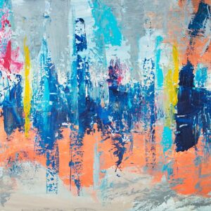 Abstract painting titled Urban Weather, featuring layered vertical marks in blue, turquoise, grey, orange, yellow, red, and purple, suggesting a vibrant urban skyline with scraped texture and energetic movement.