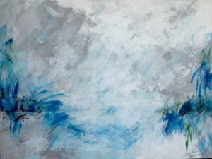 Original coastal abstract acrylic painting with layered blue, gray, white, and soft green textures inspired by the calm beach after a passing storm.