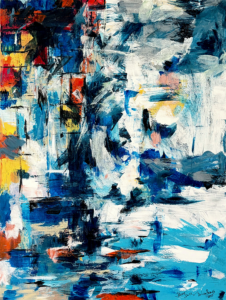 Original coastal abstract acrylic painting with layered blue, white, charcoal, and warm coral textures inspired by light reflecting on the ocean.