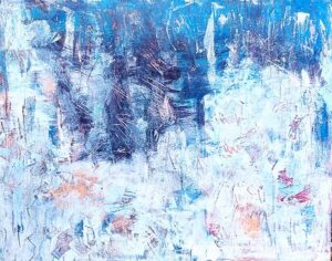 Original contemporary abstract acrylic painting with layered indigo blue, white, charcoal, and blush textures creating a sophisticated modern composition.