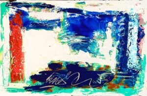 Original contemporary abstract acrylic painting with bold cobalt blue, turquoise, textured crimson, and white geometric composition inspired by architectural forms.