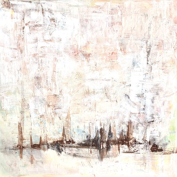 Original contemporary abstract painting featuring layered white, taupe, blush, and charcoal acrylic textures inspired by an atmospheric urban skyline.