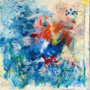 Original contemporary abstract acrylic painting featuring layered blue, coral, crimson, white, and yellow textures inspired by movement, creativity, and interconnected ideas.
