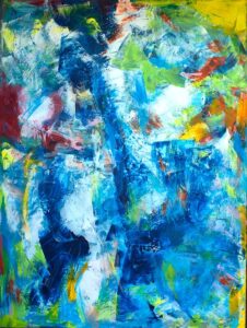 Original contemporary abstract painting with layered blue, turquoise, green, and white acrylic textures inspired by water, movement, and coastal light.