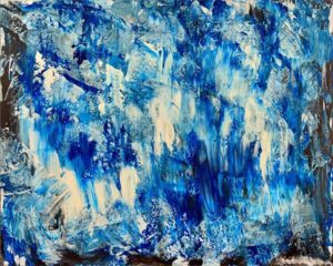 Original blue abstract acrylic painting inspired by cascading waterfalls with layered cobalt, ultramarine, white, and textured brushstrokes.