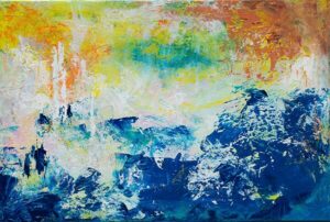 Original abstract acrylic painting featuring deep blue, white, turquoise, and golden-orange textures inspired by the sea, sunlight, and coastal landscapes.