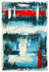 Original contemporary abstract painting featuring layered blue, white, charcoal, and crimson acrylic textures inspired by frozen water and winter reflections.