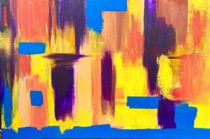 Original abstract acrylic painting with vibrant yellow, violet, coral, and cobalt blue layered brushstrokes creating a bold contemporary composition.