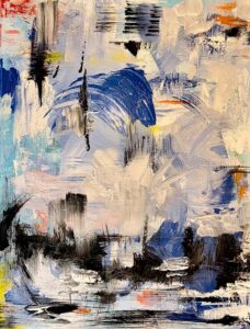 Original contemporary abstract acrylic painting with layered cobalt blue, white, charcoal, and soft gray textures inspired by changing weather and water.