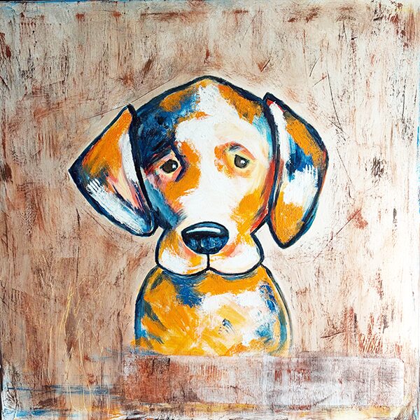 Original contemporary dog portrait painting with expressive blue, white, and golden acrylic brushstrokes featuring a charming dog with soulful eyes.