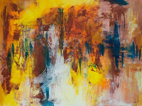 Original panoramic abstract acrylic painting featuring rich amber, copper, gold, deep blue, and textured brushstrokes inspired by stormy skies and changing light.