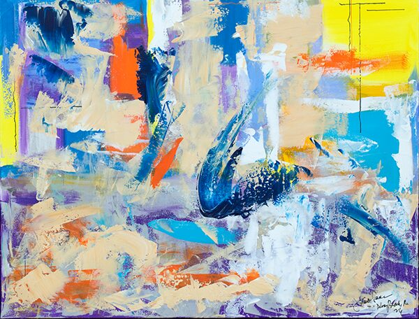 Original contemporary abstract acrylic painting featuring layered blue, lavender, yellow, coral, and white textures inspired by changing light and coastal atmosphere.