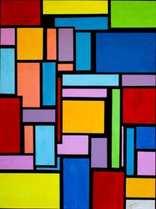 Original geometric abstract acrylic painting with colorful red, blue, yellow, green, lavender, and coral rectangles separated by bold black lines.