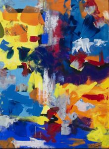 Original abstract acrylic painting with bold blue, yellow, crimson, and white brushstrokes creating a vibrant contemporary composition full of movement and texture.