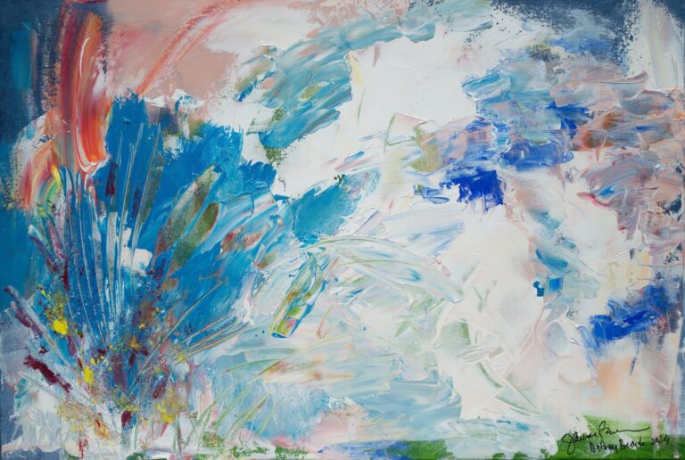 Abstract acrylic painting in shades of blue, turquoise, white, and soft pink. Layered textures, expressive brushstrokes, and organic shapes create a sense of underwater movement and depth. The composition evokes the feeling of drifting beneath the ocean surface, with light filtering through water and flowing currents creating a peaceful, dreamlike atmosphere. Title: Underwater Peace.