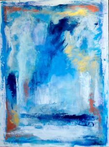 Original contemporary abstract acrylic painting featuring layered blue, aqua, white, and subtle golden textures inspired by the peaceful atmosphere beneath the ocean's surface.