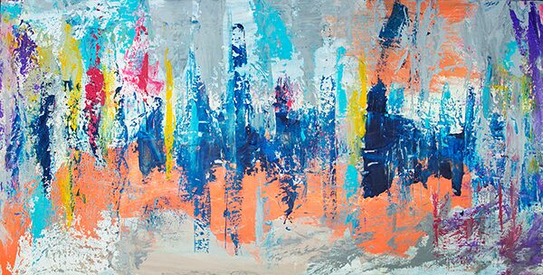 Original abstract cityscape-inspired acrylic painting with layered blue, coral, gray, and white textures suggesting an urban skyline after changing weather.
