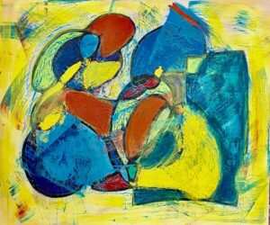 Original abstract vegetable painting with bold blue, yellow, red, and turquoise acrylic brushstrokes creating a contemporary modern still-life composition.