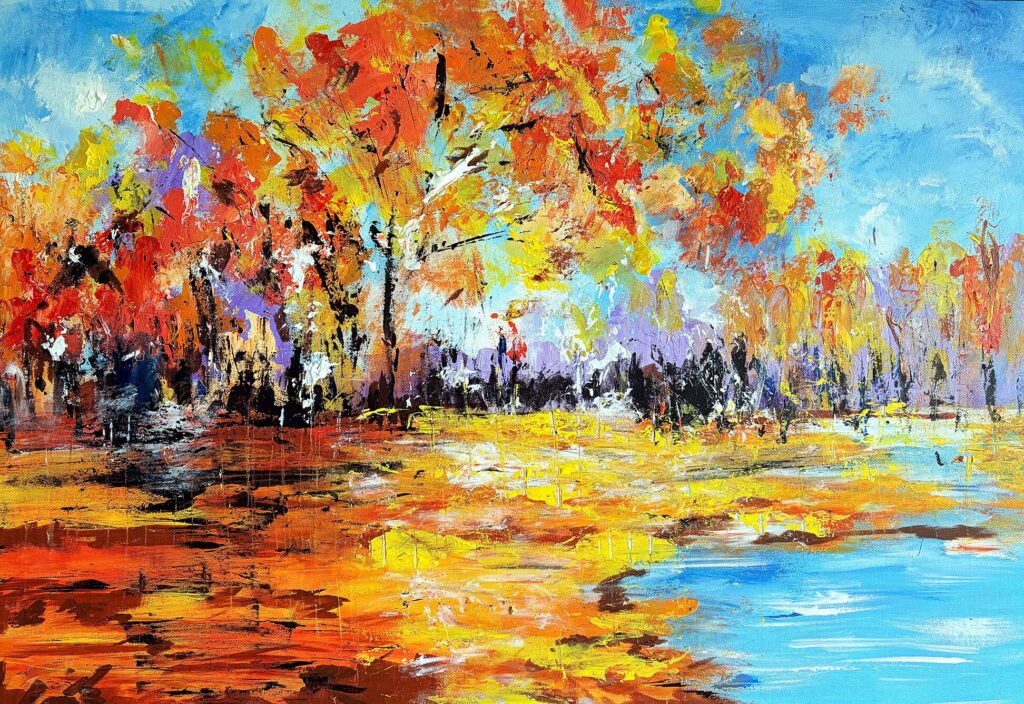 Original contemporary abstract autumn landscape painting with vibrant orange, red, and gold trees reflected in blue water, created with textured acrylic on canvas.