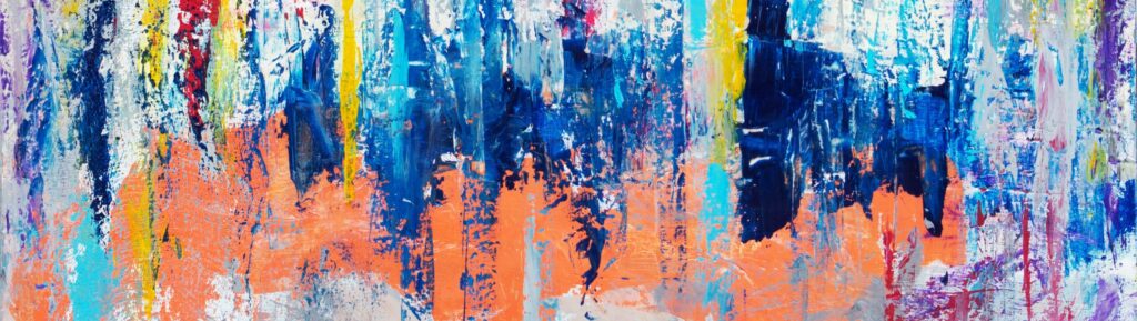 Abstract painting with layered blue, coral, white, and yellow tones, featuring textured vertical movement and expressive brushwork across a wide canvas.