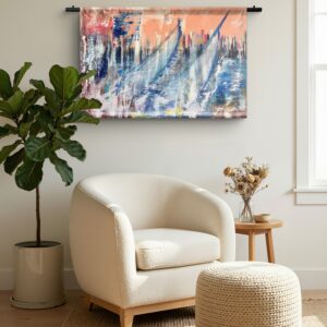 Sailing City displayed in contemporary home and office interiors. The abstract painting features sweeping white and blue sailboats against a layered city skyline in peach, turquoise, blue and white.