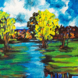 Abstract landscape painting with bright yellow and green trees surrounding a winding blue waterway beneath an expressive blue and white sky.
