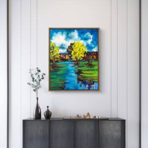 Bright Side, a colorful abstract landscape painting with vivid yellow-green trees, blue water and an expressive sky, shown in contemporary and traditional interior settings.