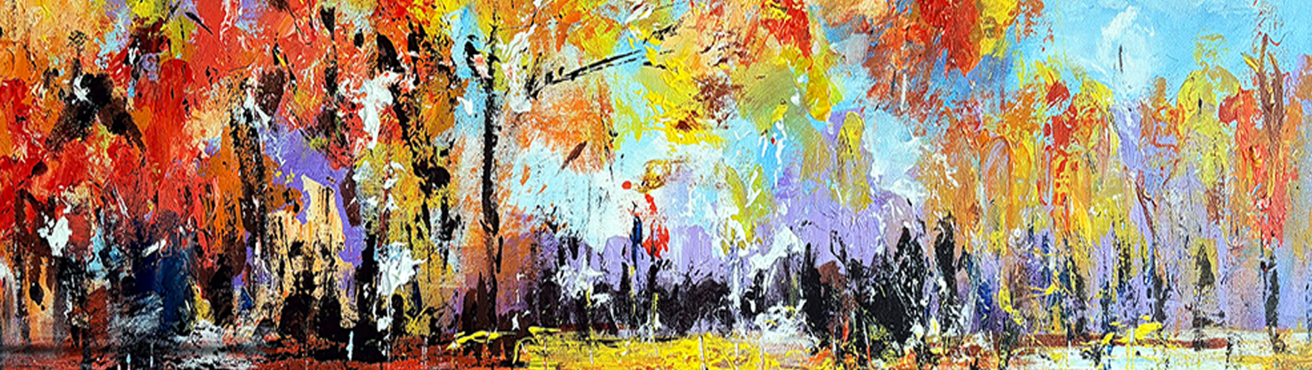Colorful abstract painting titled October with bold red, orange, yellow, blue, lavender, black, and white layers creating energetic movement and texture.