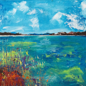 Abstract landscape painting with vibrant blue and turquoise water, a wide blue sky with expressive white clouds, and colorful wild grasses in the foreground. A dark distant shoreline stretches across the horizon.