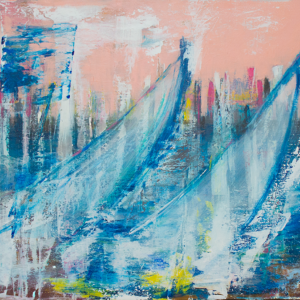 Abstract painting of sailboats moving across blue and turquoise water with a loosely suggested city skyline in the background, featuring soft peach, white, pink and yellow accents.
